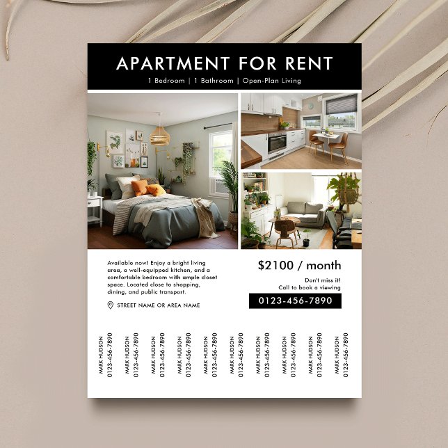 Modern House Property For Rent Tear Off Strips Flyer (Minimalist modern property for rent tear off flyer with property photos and fully editable text)