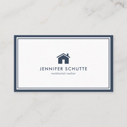 Modern House Simple Navy Plaid Real Estate Agent Business Card