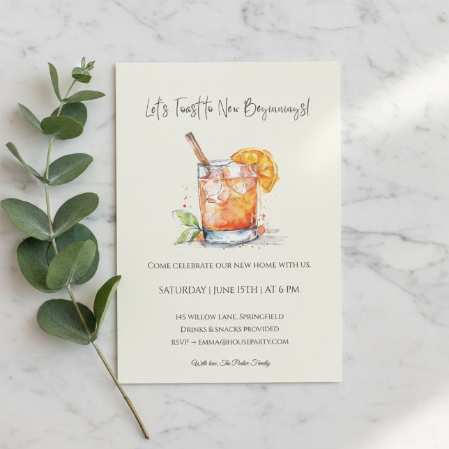 Modern Housewarming Invitation • New Home  (Housewarming invitation with watercolor cocktail on marble background and eucalyptus branch.)