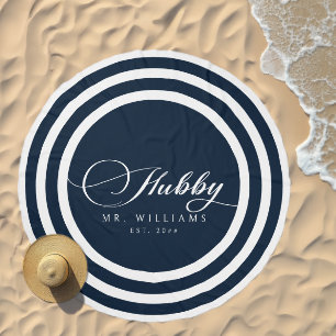 Modern Hubby Script Nautical Navy White Stripes Beach Towel