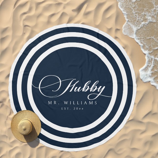 Modern Hubby Script Nautical Navy White Stripes Beach Towel (Beach)