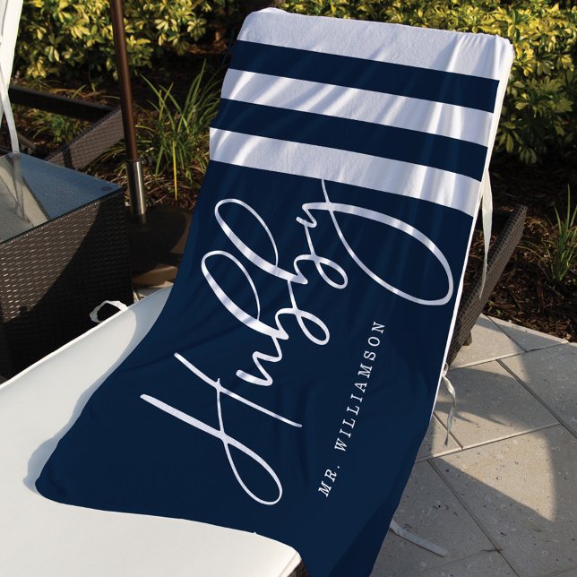 Modern Hubby Script Nautical Navy & White Stripes Beach Towel (Creator Uploaded)