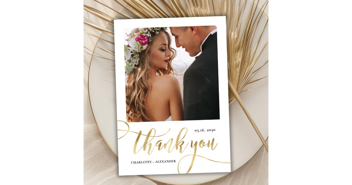 Modern Huge Gold Script 2 Photo Wedding Thank You Card | Zazzle