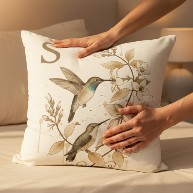 Modern Hummingbird Floral Accent Throw Pillow (Hummingbird floral pillow)