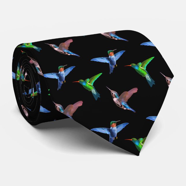 Modern Hummingbirds on Black Neck Tie (Rolled)