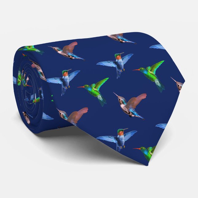 Modern Hummingbirds on Navy Blue Neck Tie (Rolled)