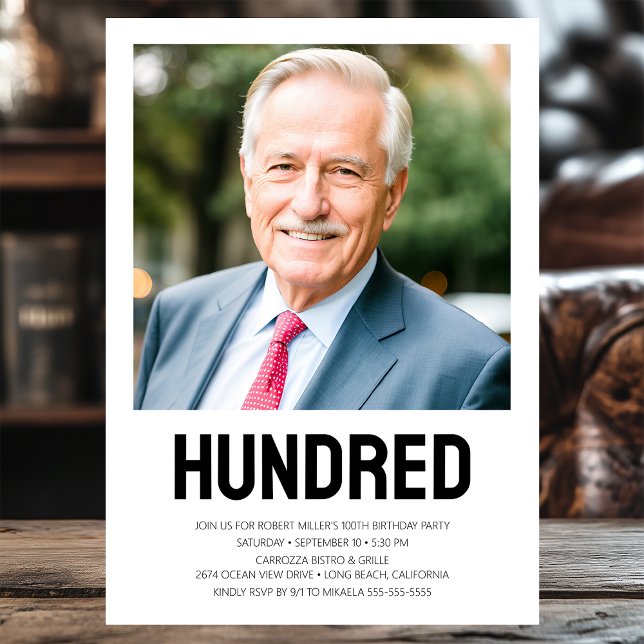 Modern HUNDRED Photo 100th Birthday Party Invitation (Creator Uploaded)
