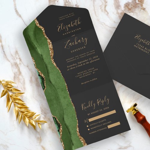 Modern Hunter Green Gold Agate Dark Wedding All In One Invitation