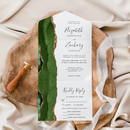 Modern Hunter Green Gold Agate Meal Choice Wedding All In One Invitation