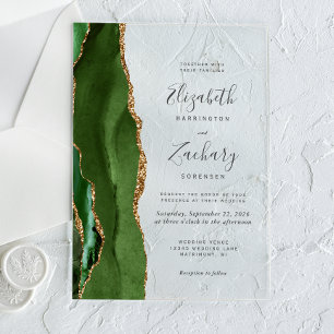 Modern Hunter Green Gold Agate Wedding Acrylic Invitations
