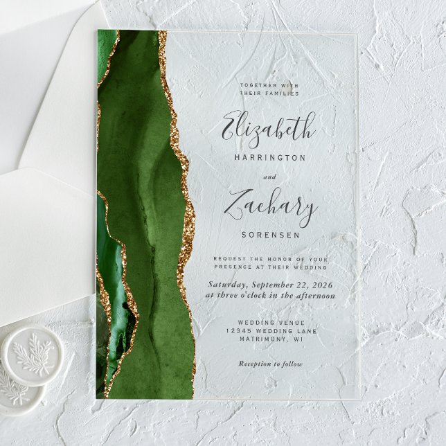 Modern Hunter Green Gold Agate Wedding Acrylic Invitations (Creator Uploaded)