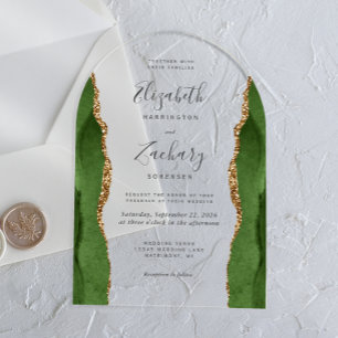 Modern Hunter Green Gold Agate Wedding Arch Acrylic Invitations