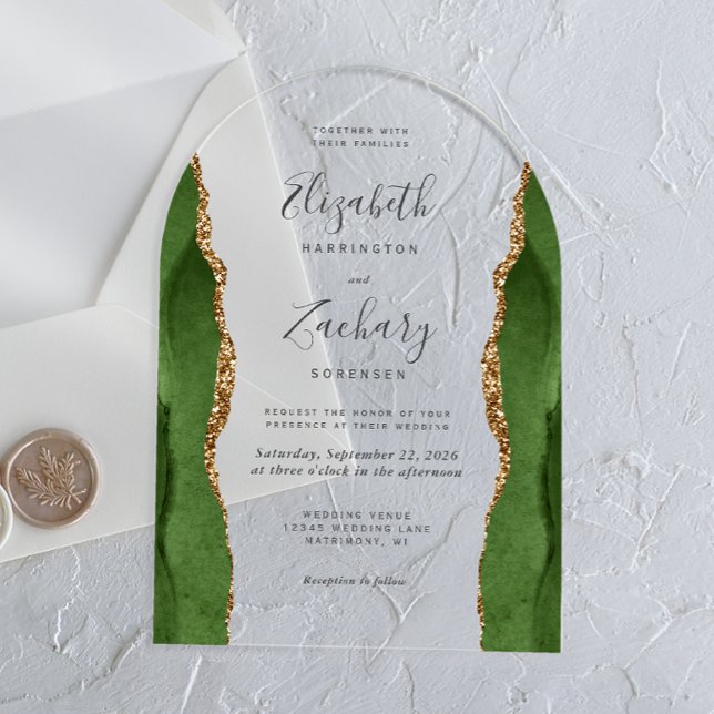 Modern Hunter Green Gold Agate Wedding Arch Acrylic Invitations (Creator Uploaded)