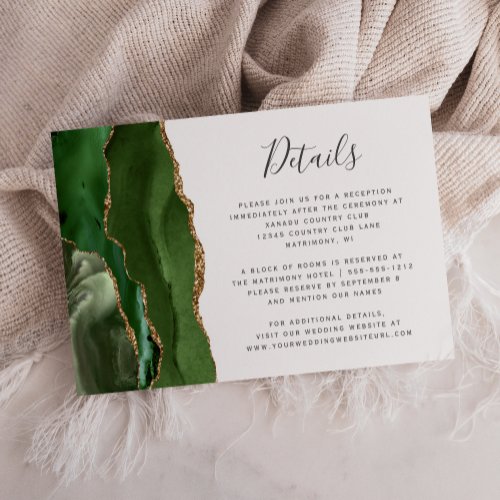 Modern Hunter Green Gold Agate Wedding Details Enclosure Card