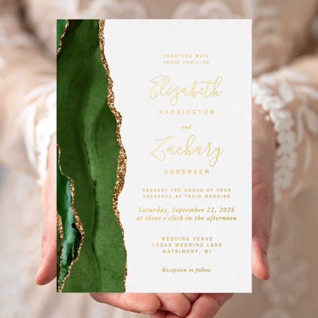 Modern Hunter Green Gold Agate Wedding Foil Invitation (Creator Uploaded)