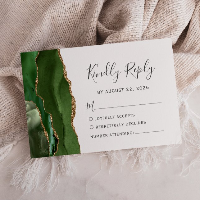 Modern Hunter Green Gold Agate Wedding RSVP Card (Creator Uploaded)
