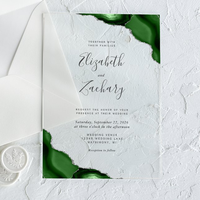 Modern Hunter Green Silver Agate Corners Wedding Acrylic Invitations (Creator Uploaded)