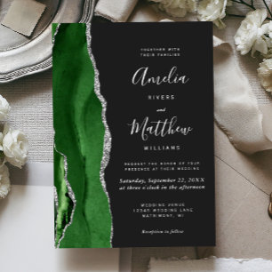 Modern Hunter Green Silver Agate Dark Wedding Foil Invitation