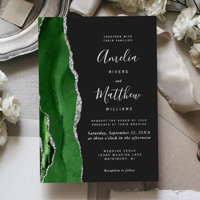 Modern Hunter Green Silver Agate Dark Wedding Foil Invitation (Creator Uploaded)