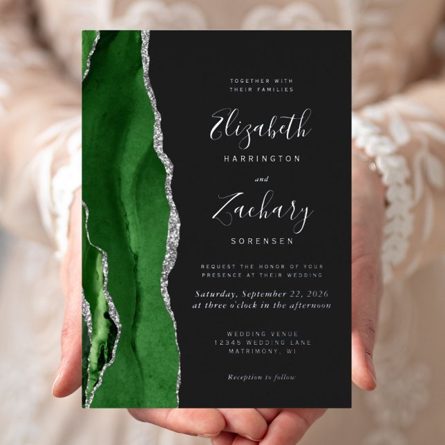 Modern Hunter Green Silver Agate Dark Wedding Foil Invitation (Creator Uploaded)