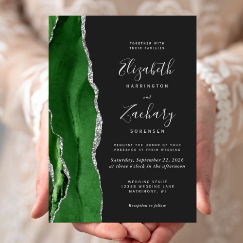 Modern Hunter Green Silver Agate Dark Wedding Invitation
