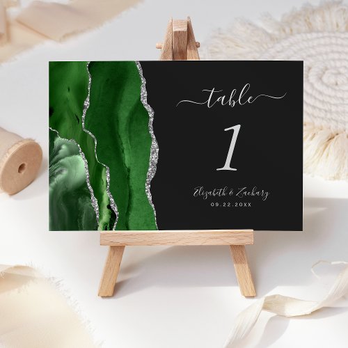 Modern Hunter Green Silver Agate Dark Wedding Table Number