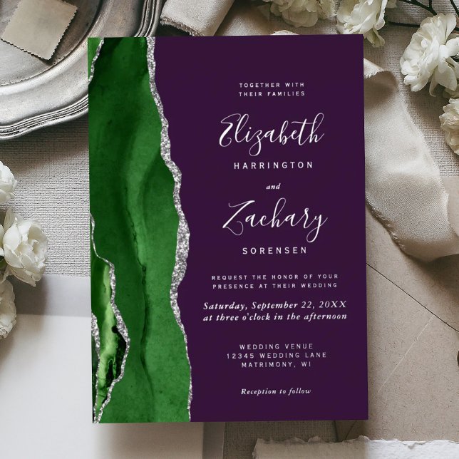 Modern Hunter Green Silver Agate Purple Wedding Foil Invitation (Creator Uploaded)