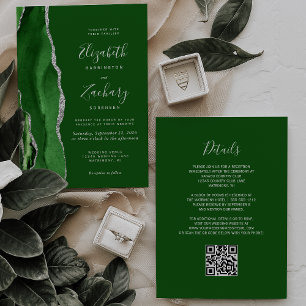 Modern Hunter Green Silver Agate QR Code Wedding Invitation