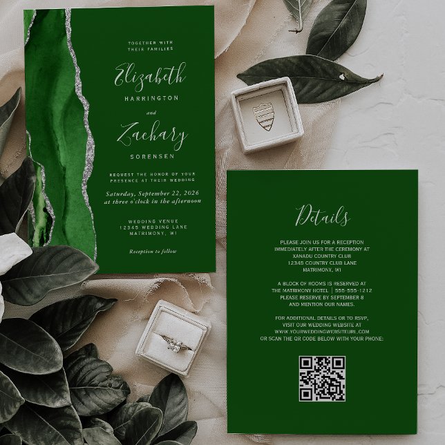 Modern Hunter Green Silver Agate QR Code Wedding Invitation (Creator Uploaded)