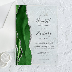 Modern Hunter Green Silver Agate Wedding Acrylic Invitations