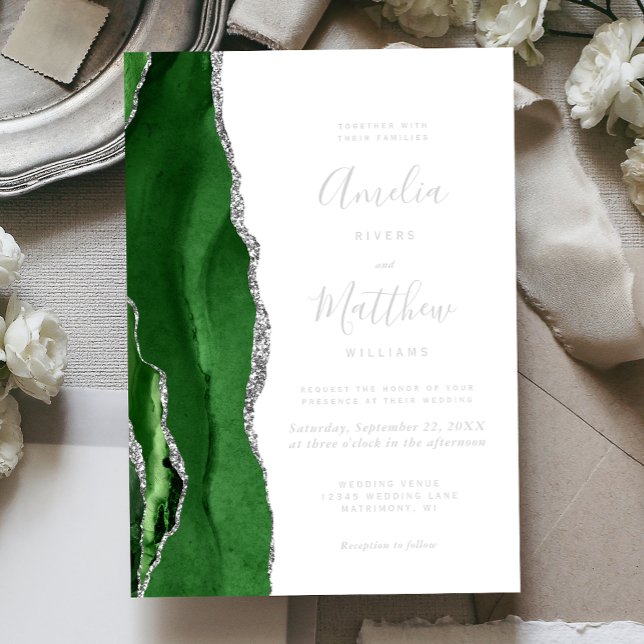 Modern Hunter Green Silver Agate Wedding Foil Invitation (Creator Uploaded)