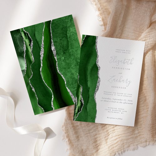 Modern Hunter Green Silver Agate Wedding Foil Invitation