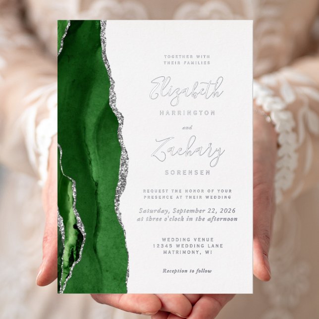 Modern Hunter Green Silver Agate Wedding Foil Invitation (Creator Uploaded)