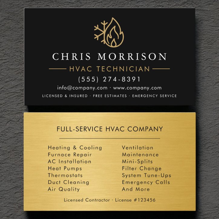 Modern Hvac Black Gold Logo Metallic Business Card