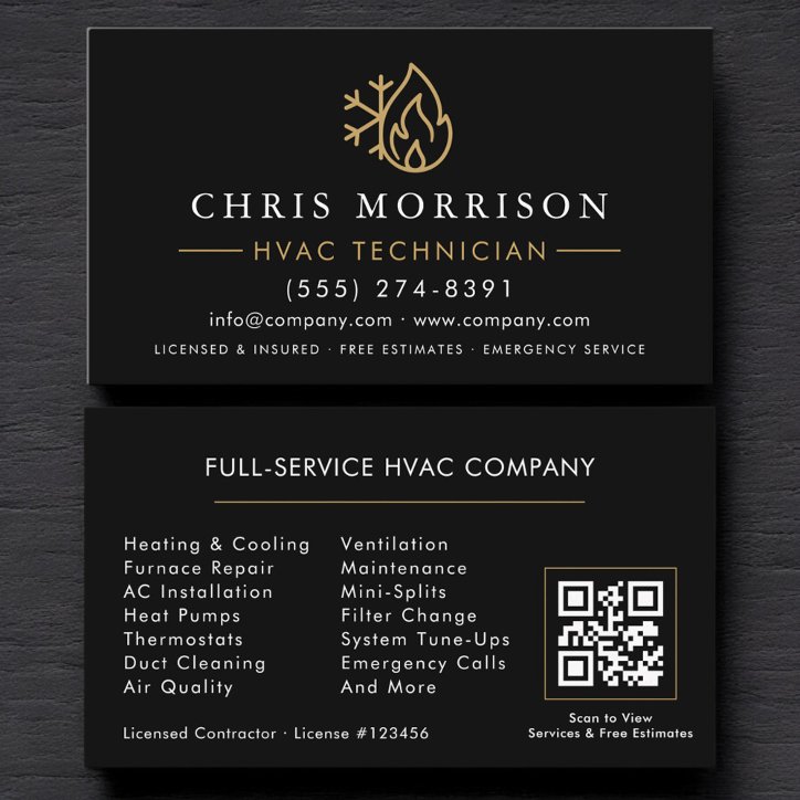 Modern Hvac Black Gold QR Code Business Card