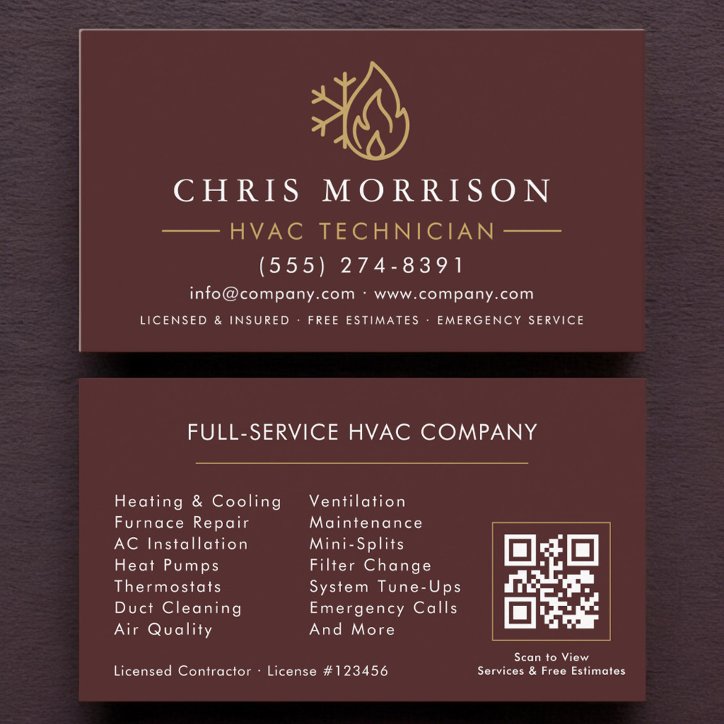 Modern Hvac Burgundy Gold QR Code Business Card