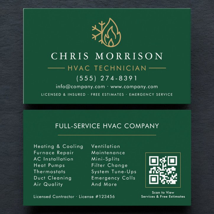 Modern Hvac Green Gold QR Code Business Card
