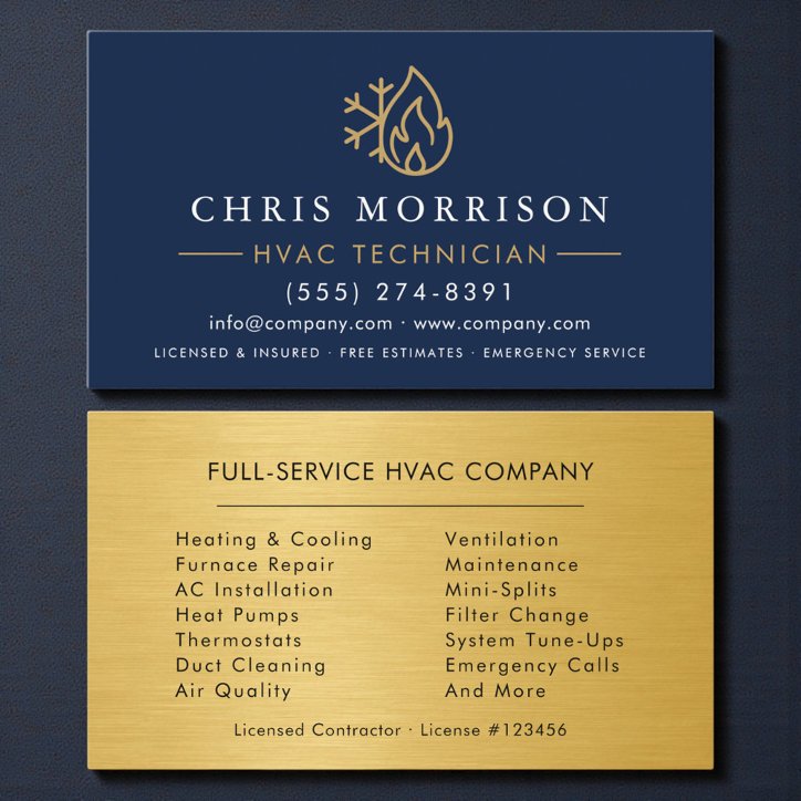 Modern Hvac Navy Blue Gold Logo Business Card