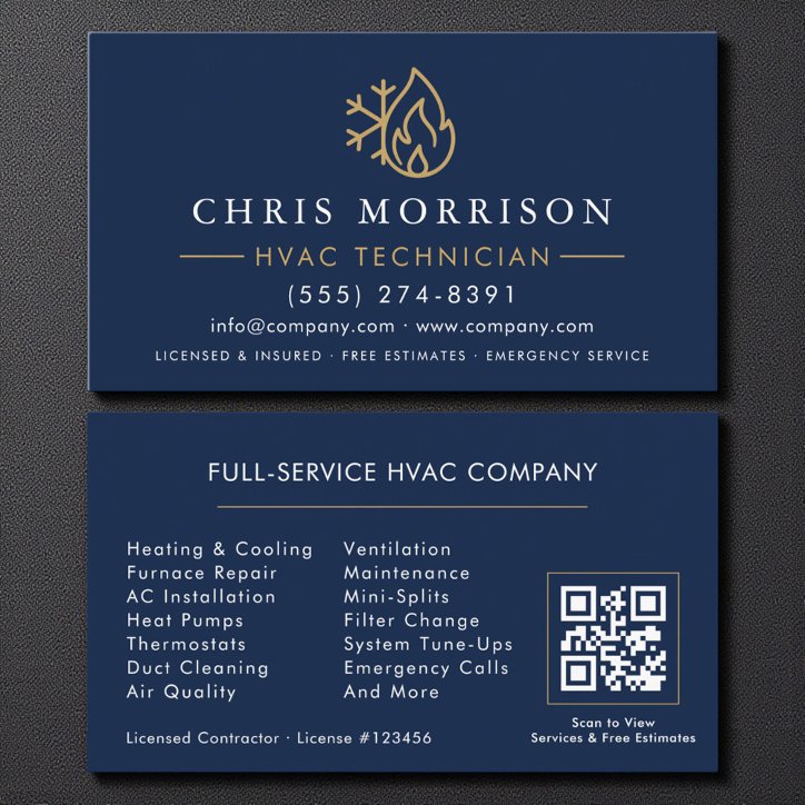 Modern Hvac Navy Blue Gold QR Code Business Card