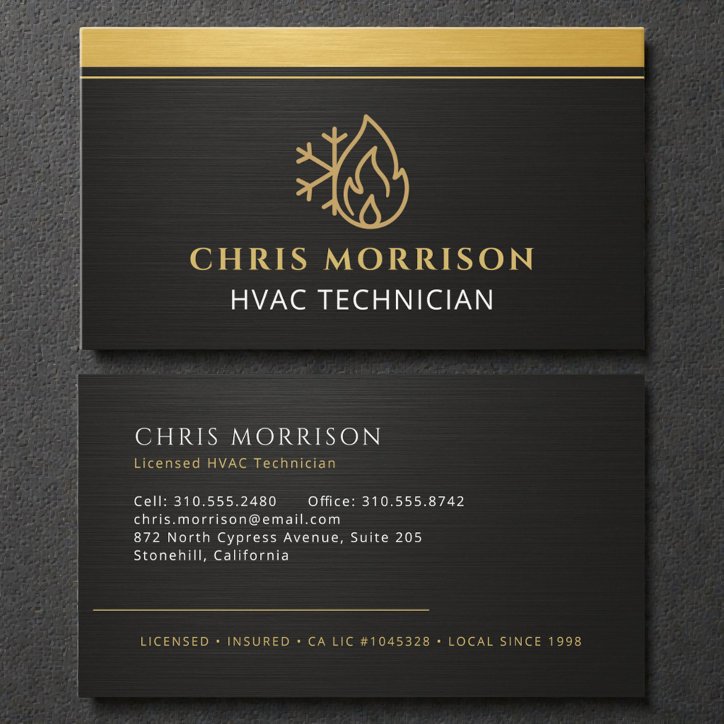 Modern Hvac Technician Black Gold Business Card