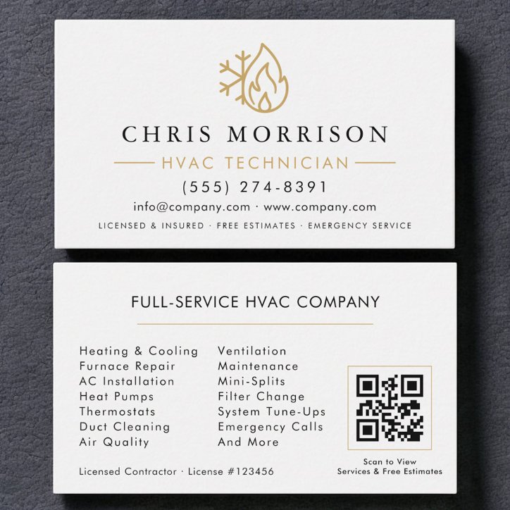 Modern Hvac White Gold QR Code Business Card