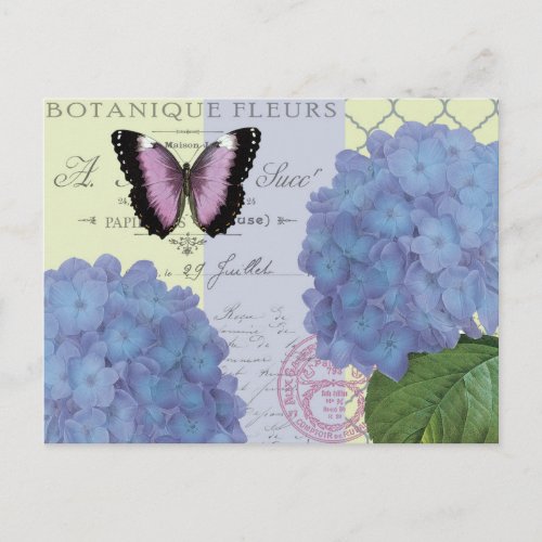 modern hydrangea and butterfly vintage postcard