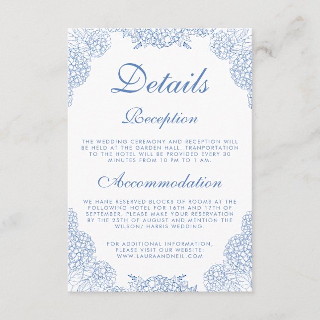 Modern Hydrangea Dusty Blue Floral  Details Enclosure Card (Front)
