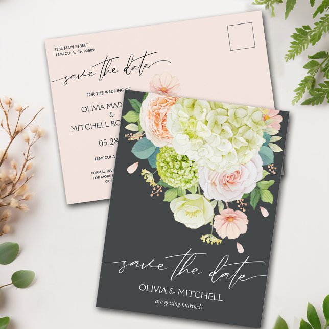 Modern Hydrangea Roses Dark Save the Date Postcard (Creator Uploaded)
