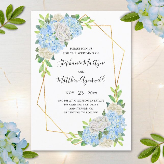 Modern Hydrangea White Roses Geometric Wedding Invitation (Creator Uploaded)