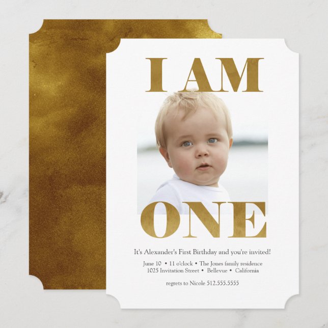 Modern "I AM ONE" Gold 1st Birthday Invitation (Front/Back)