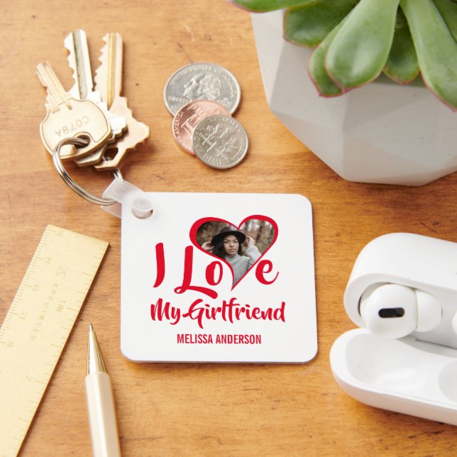 Modern I Love My Girlfriend | Heart Photo Keychain (Desk)