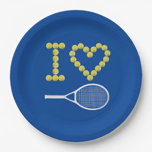 Modern I Love Tennis Blue Paper Plates (Front)