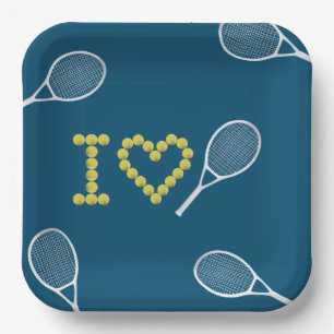 Modern I Love Tennis Blue Paper Plates