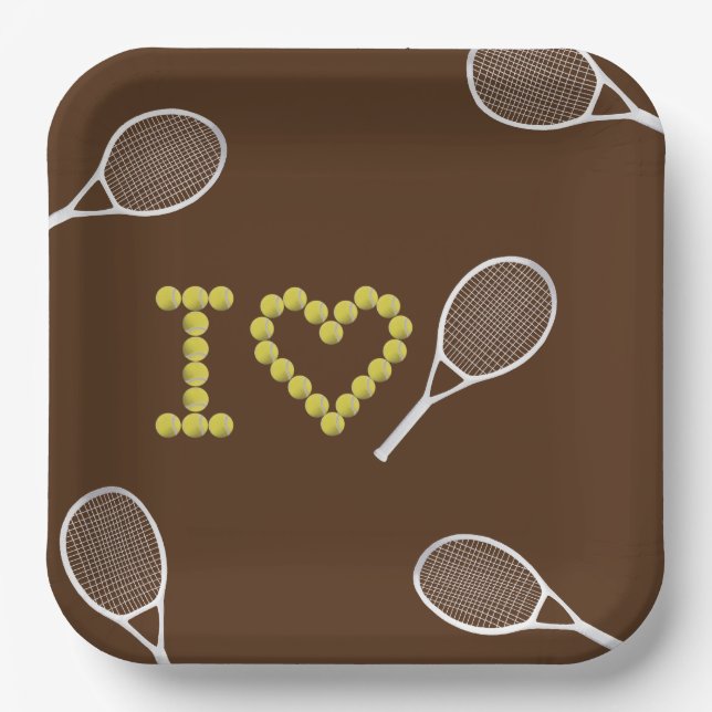 Modern I Love Tennis Brown Paper Plates (Front)